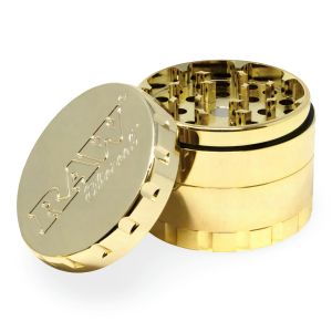 RAW Ethereal Grinder aus vergoldetem Edelstahl, 4-teiliger Grinder mit 60 mm Durchmesser, diamantförmigen Zähnen und integriertem Pollensieb